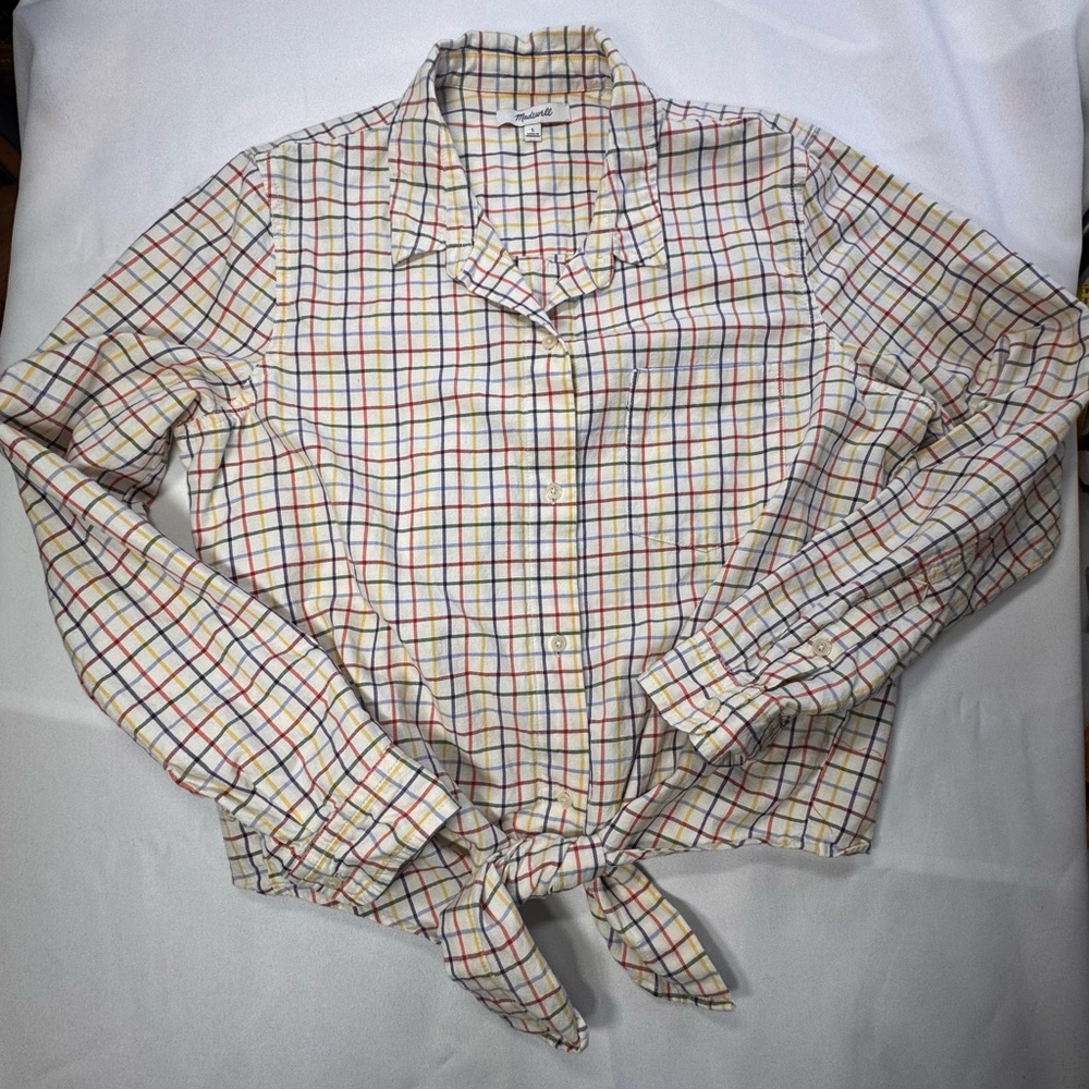 Madewell Multicolor Plaid Tie-Front Button Down Shirt- Large